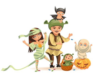 Aile kutluyor Cadılar Bayramı düz poster vektör çizim karikatür. Mutlu ebeveynler ve çocuklar çeşitli bir de giyinmiş All Hallows Eve kostümleri. Korku parti kavramı. Beyaz izole.