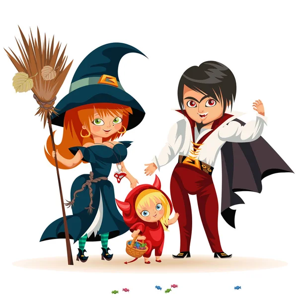 Illustration vectorielle d'affiche plate de fête de famille de tous les Hallows Eve. Dessin animé parents souriants avec fille vêtus de beaux costumes d'Halloween de dracula sorcière et le diable . — Image vectorielle