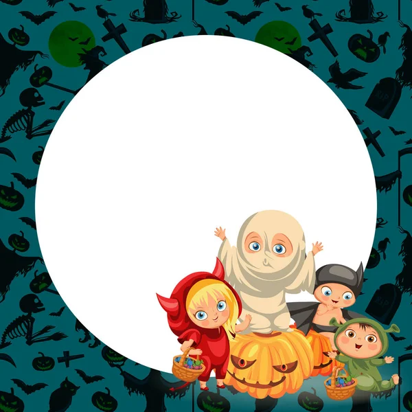 Dessin animé enfants en costumes mystère affiche plate — Image vectorielle