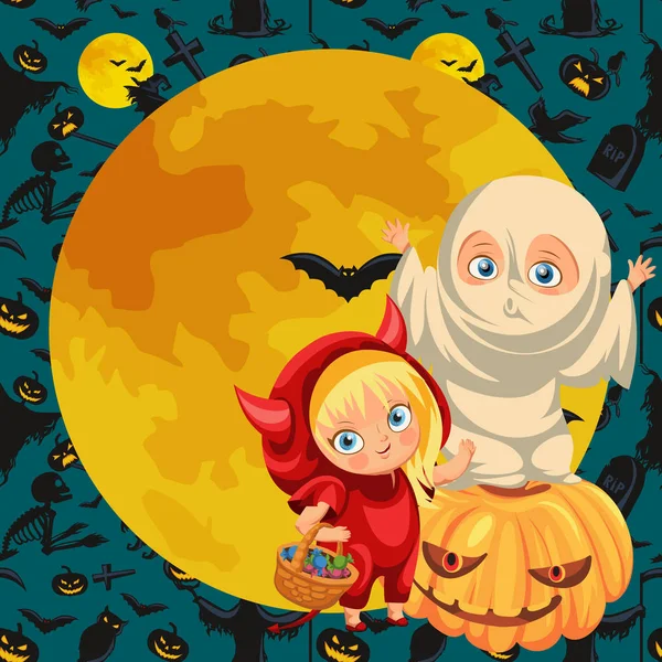 Blije kinderen in Halloween jurken vlakke poster — Stockvector