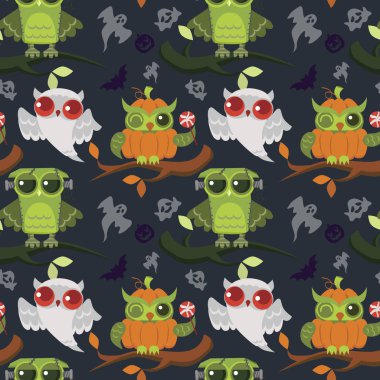Cadılar Bayramı gizem baykuşlar Dikişsiz desen vektör çizim. Sihirli hayalet kabak sonsuz doku gece-kuşlar üzerinde ağaç dalları. Tüm Hallows Eve hüner ya da muamele etmek kavramı.