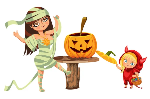 Caricatura mamá y niño tallado Hallows pumpkin poster — Archivo Imágenes Vectoriales