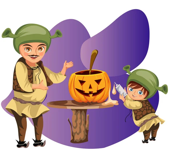 Papa avec fils faisant affiche citrouille Halloween. Père de bande dessinée avec des petits costumes de shrek habillés de sonny et sculpture illustration vectorielle de gourde mystère. Horreur familiale concept de fête . — Image vectorielle