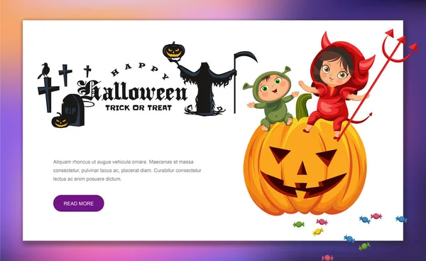 Cartoon kinderen zitten op Halloween pompoen poster. Gelukkige kinderen in Hallows mysterie kostuums van shrek en duivel met grappige tijd. Familie horror party concept. — Stockvector