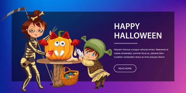 Moeder met zoon snijwerk Halloween pompoen poster. Cartoon moeder en kindje gekleed in kostuums van dood en shrek mysterie kalebas voor alle heiligen Eve vectorillustratie maken hallows. — Stockvector