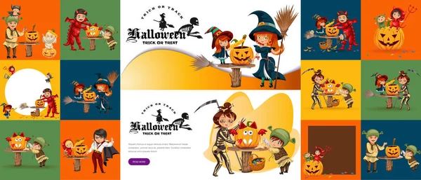 Halloween familie ingesteld vectorillustratie. Moeder vader kinderen gekleed mysterie kostuums van de draak dood heks duivel en shrek. Horror concept sjabloon ontwerp promo tekst elementen kleurrijke achtergrond — Stockvector