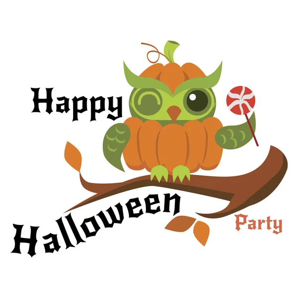 Логотип мультфильма Halloween orange pumpkin owl flat poster vector illustration. Милая ночная птица сидит на ветке дерева и держит конфеты. Концепция All Hallows Eve. Изолированные на белом — стоковый вектор