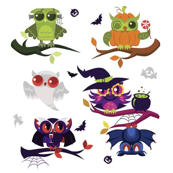 Gufi di Halloween set piatto — Vettoriale Stock