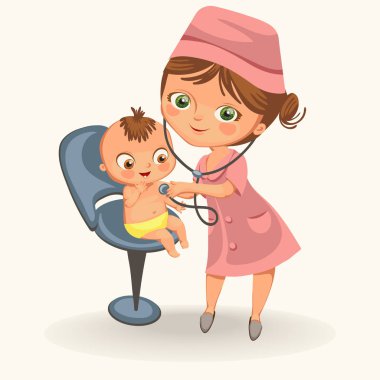 Küçük çocuk posteri çizgi film çocuk doktoru inceliyor