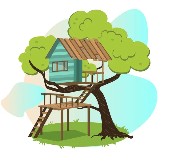 Casa da árvore de madeira com cartaz no andar de cima — Vetor de Stock