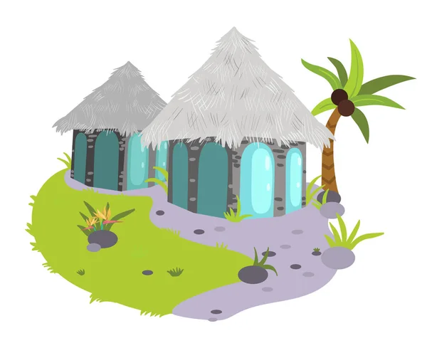 Glamping Casas Cartel Vector Ilustración Pequeñas Cabañas Confortables Modernas Con — Archivo Imágenes Vectoriales