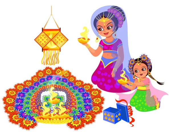 Diwali vacaciones indias y madre con hija — Vector de stock