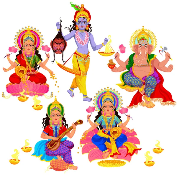Diwali Hindistan tatil Tanrı ve Tanrıça ayarla — Stok Vektör