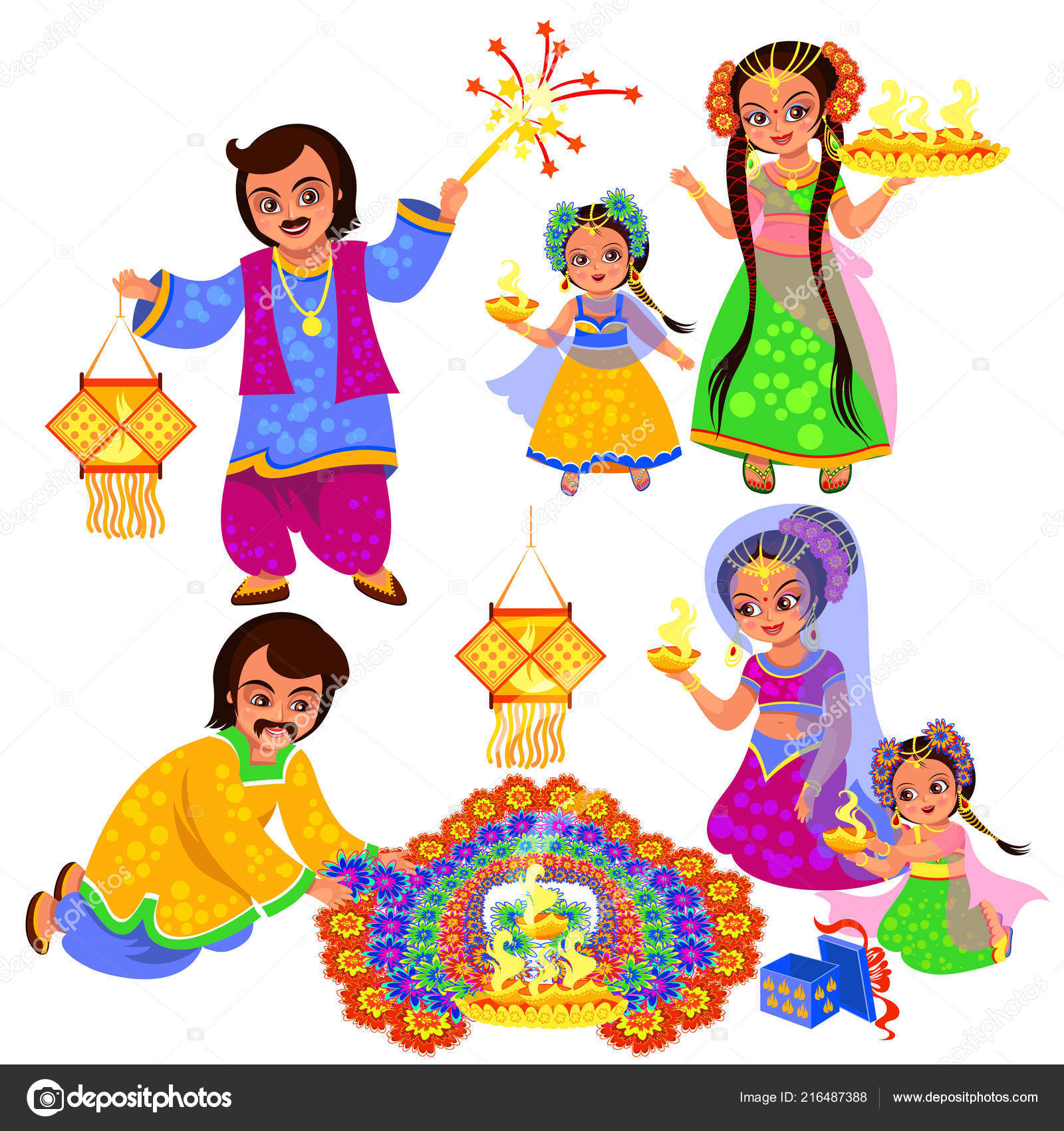 Diwali Deepavali Festival Kids Couple India Hindus Traditional Celebration  Background Party Event Decoration Cartoon Digital Stamp Outline -  MasterBundles