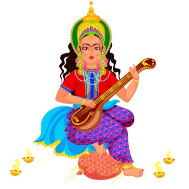 Diwali holiday goddess Saraswati with veena clipart