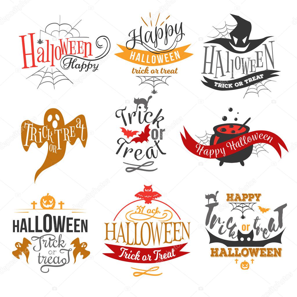 Large logo set of Happy Halloween eerie designs with various texts decorated with pumpkins bats ghosts zombie in orange and black on white. All Hallows Eve Trick or treat concept