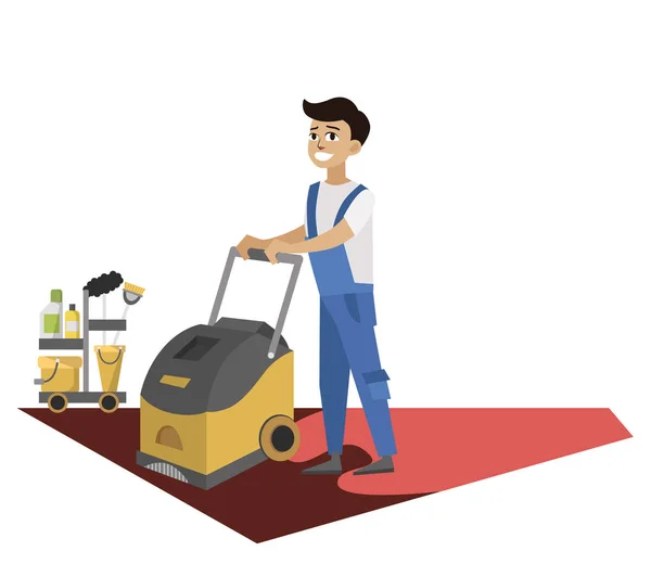 Homme avec machine à laver nettoie affiche tapis — Image vectorielle