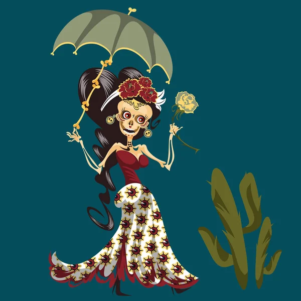Squelette femme en robe mystique avec poster parapluie — Image vectorielle