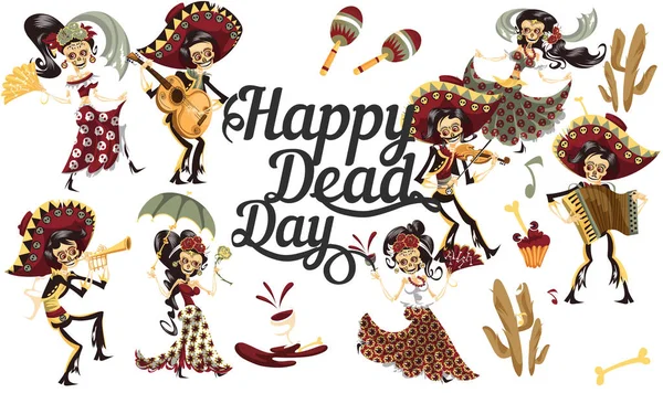 Día de los muertos esqueletos cartel de la fiesta — Vector de stock