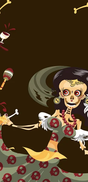 Mulher esqueleto em mexicano traje dança cartaz — Vetor de Stock