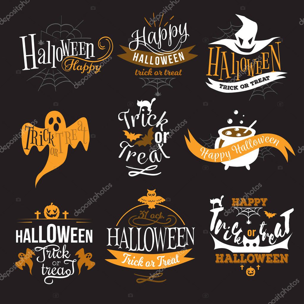 Large logo set of Happy Halloween eerie designs with various texts decorated with pumpkins bats ghosts zombie in orange and black on dark. All Hallows Eve Trick or treat concept