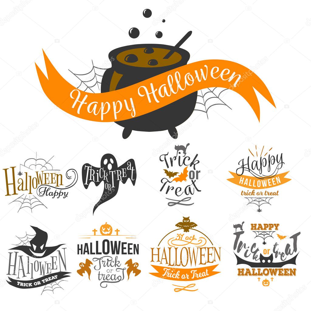 Large logo set of Happy Halloween eerie designs with various texts decorated with pumpkins bats ghosts zombie in orange and black on white. All Hallows Eve Trick or treat concept