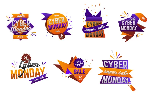 Szuper eladás hétfő Cyber reklám foglalkozik készlet — Stock Vector