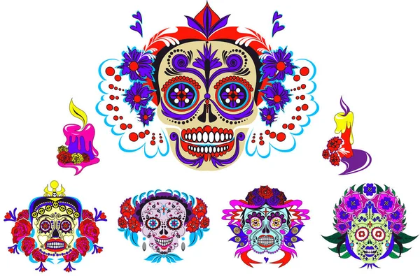 Conjunto de esqueletos de dibujos animados con adornos florales de México — Vector de stock