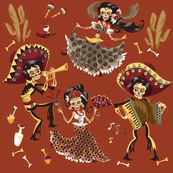 Día del esqueleto mexicano muerto conjunto de fiesta — Archivo Imágenes Vectoriales