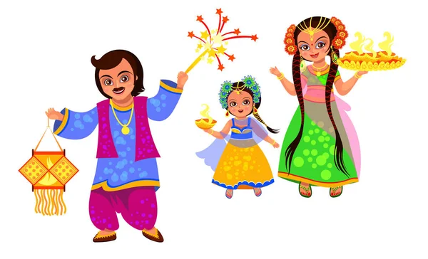 Diwali día de fiesta y la familia celebrando fiesta hindú — Vector de stock