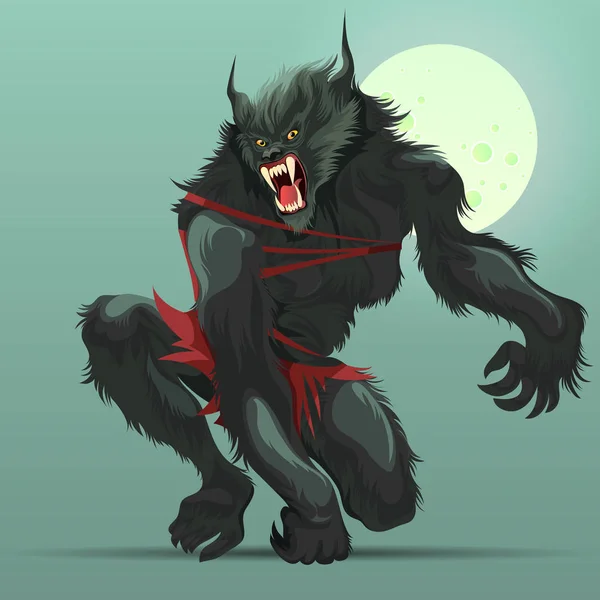 Enojado hombre lobo monstruo girando bajo luna llena cartel — Archivo Imágenes Vectoriales