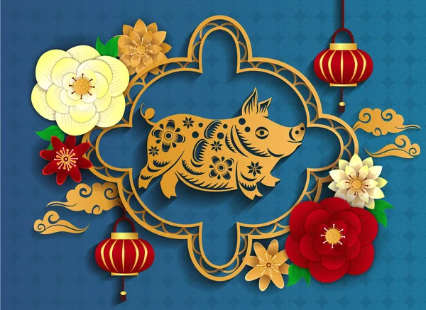 Bonne année chinoise 2019 de poster de porc de papier coupé artisanal — Image vectorielle