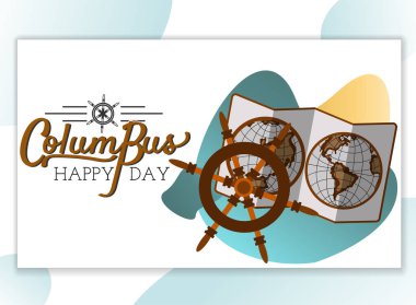 Kolomb Günü poster metin logo tasarımı tebrik kartı için yazı harita ve dümen simgesiyle