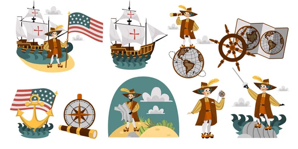 Columbus Day sada s lodí mapa kormidla kompasu symboly — Stockový vektor