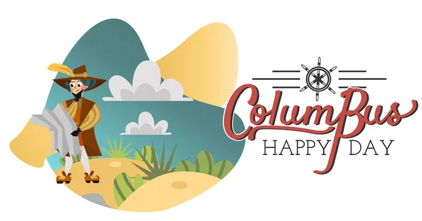 Happy dag van Columbus poster met grote Spaanse zeeman — Stockvector
