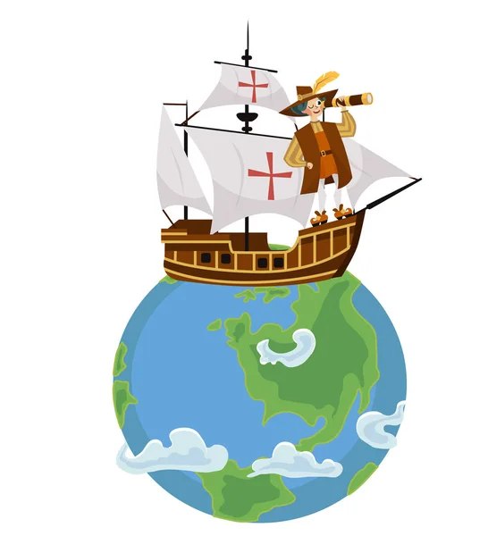 哥伦布日海报与 Columb 航行在船上 美国国庆节问候或邀请卡与伟大的西班牙水手漂浮在世界各地的圣玛丽亚 看着望远镜 — 图库矢量图片