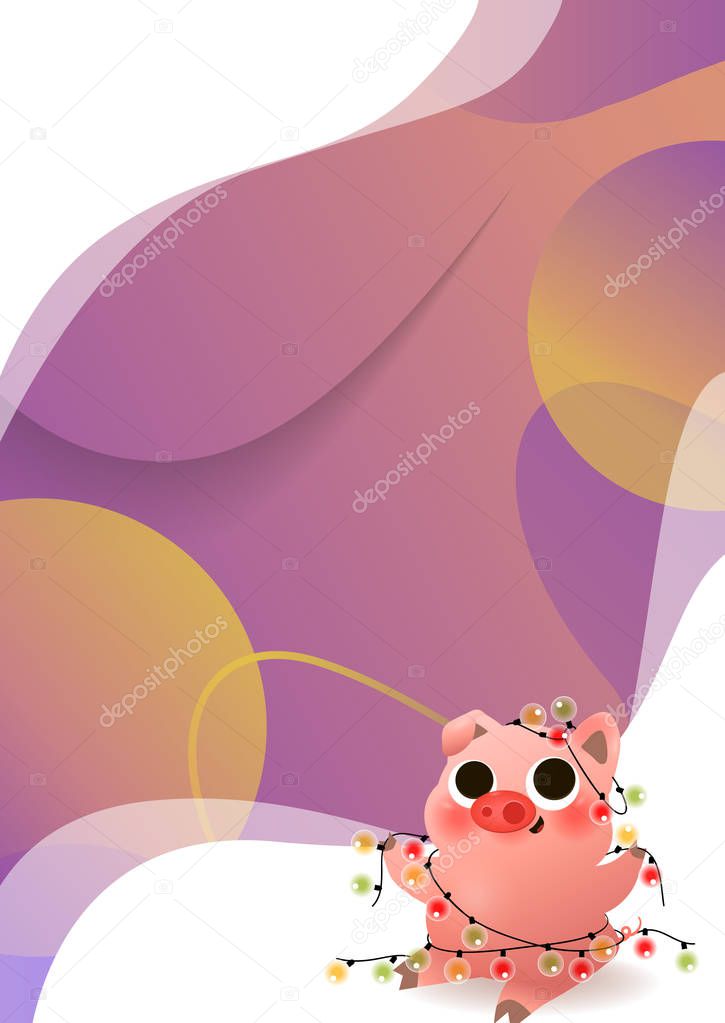 Funny smiling piggy sitting with garland card. Cartoon piglet with colorful Christmas light vector illustration. Chinese Happy New 2019 Year of pig concept