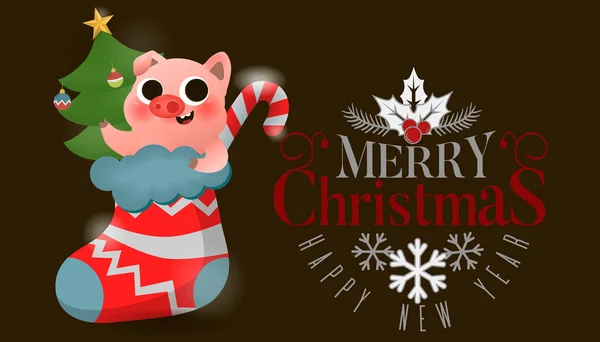 Feliz Natal e Feliz Ano Novo de porco com logotipo de texto de letras —  Vetores de Stock
