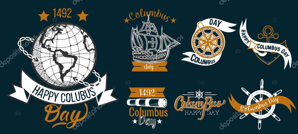 Happy Columbus Day logo sign flat set. Collection consist of emblems with lettering inscription anchor globe sailor and ship symbols vector illustration. Isolated on black