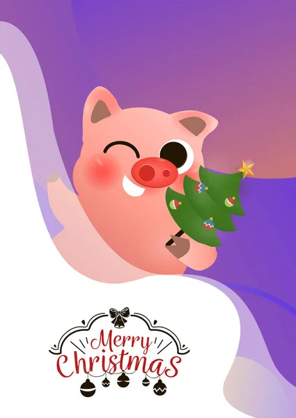 Porco sorrindo engraçado com decorado Xmas árvore cartaz lettering texto logotipo design — Vetor de Stock