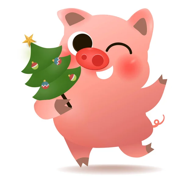 Смешная улыбающаяся свинья с украшенным плакатом елки — стоковый вектор