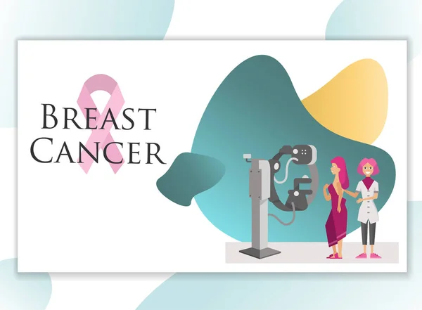 Médico revisando mama de paciente femenina con cartel de mamografía — Archivo Imágenes Vectoriales