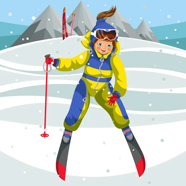 Мультфильм о счастливой учительнице лыж, сходящей с горы — стоковый вектор