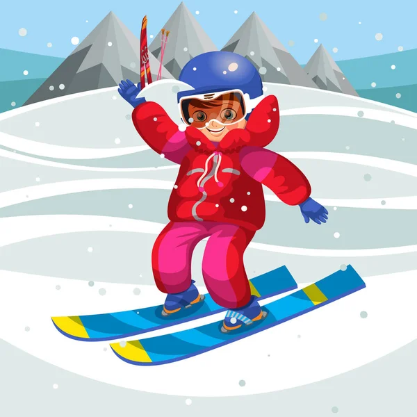 卡通快乐的孩子学习如何在假期滑雪 愉快的男孩在雪山上移动和微笑的向量例证 在寒冷的天气里为孩子们提供有趣的娱乐 — 图库矢量图片