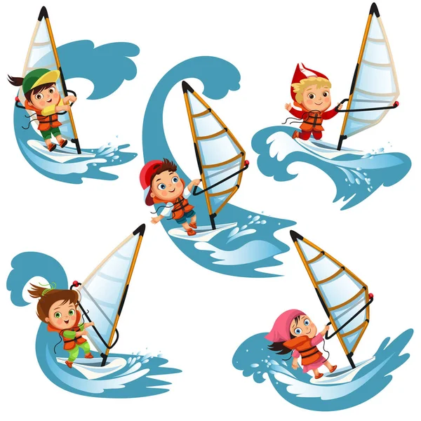 Set of cartoon children sailing on swim on waves — Stock Vector