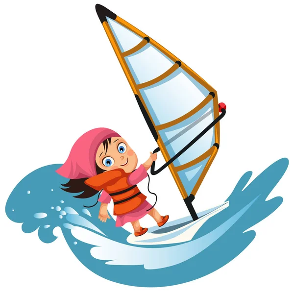 Kleines Mädchen segelt mit Schwimmweste im Ozean — Stockvektor