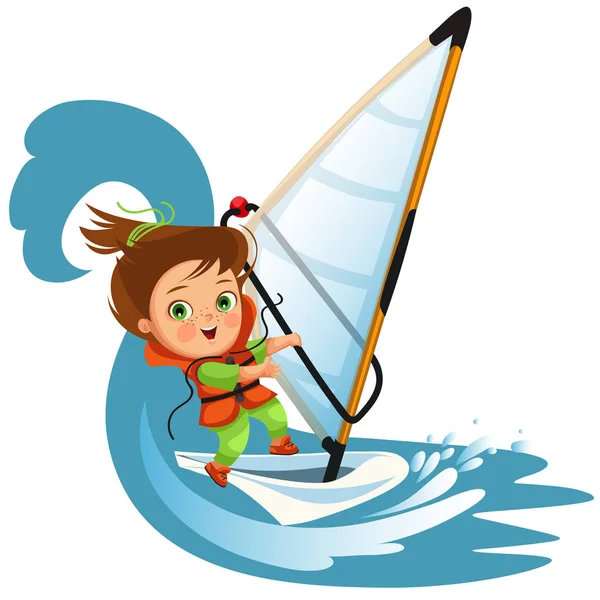 Menino dos desenhos animados acenando Olá e navegando no mar — Vetor de Stock
