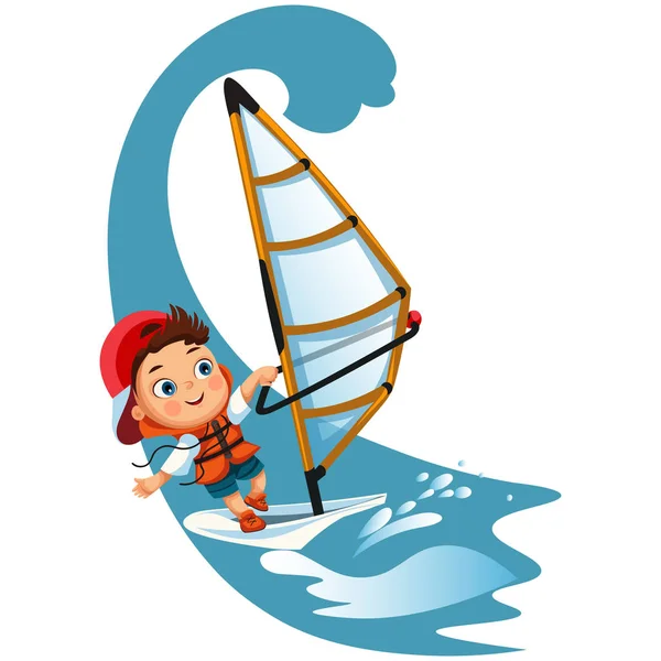 穿着救生衣在海洋中航行的卡通小女孩 — 图库矢量图片