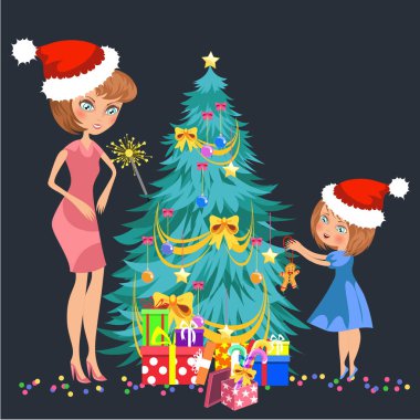 Çizgi film Anne ve çocuk Noel ağacı ev dekorasyon