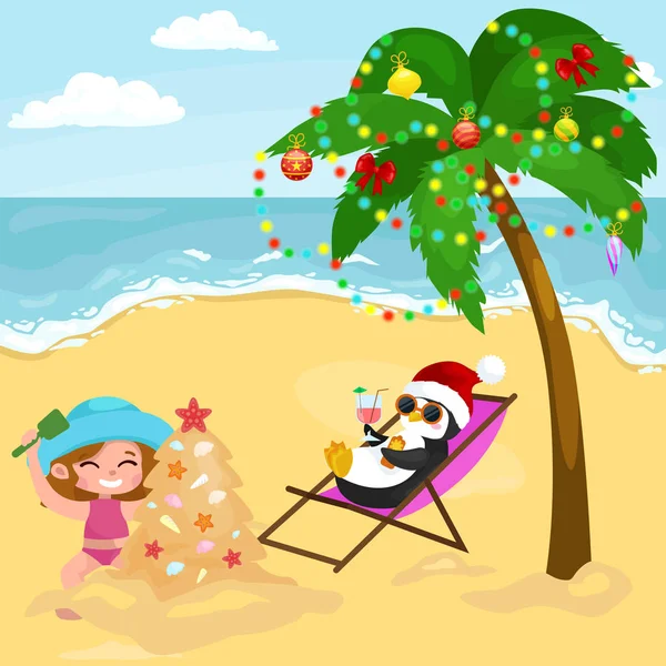 Menina dos desenhos animados brincando na areia na praia com pinguim — Vetor de Stock
